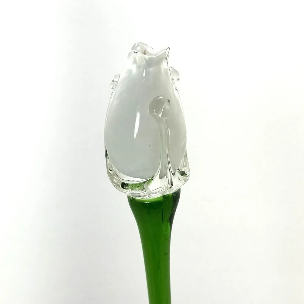 Hand Blown Glass White Rosebud 12” – Long Stem Collectible Figurine